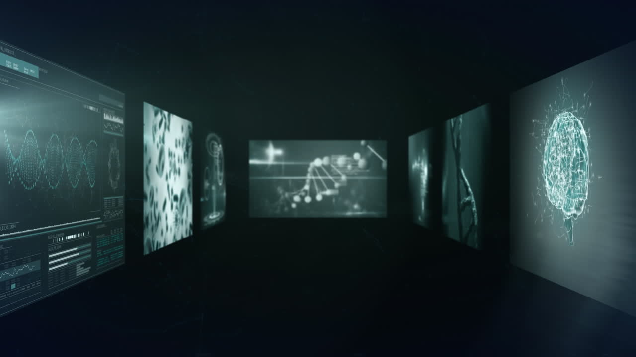 검은색 배경에 연결된 점 위에 여러 개의 의료 인포그래픽 인터페이스의 애니메이션