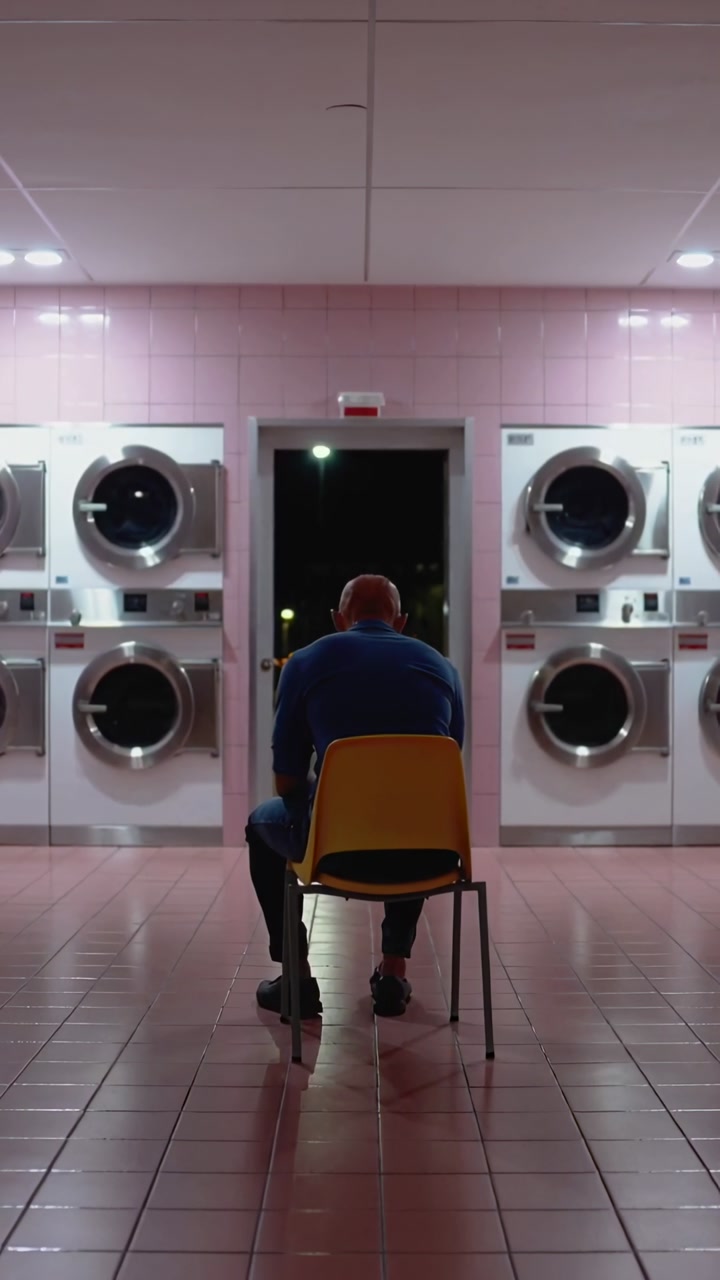 Vertical video: Sitting man in blue looking toward open doorway at laundry, waiting on yellow chair