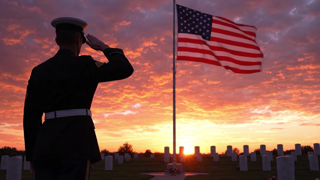Un solenne saluto militare al tramonto: un tributo agli eroi in un cimitero sereno, con la bandiera americana drappeggiata contro un cielo vibrante.