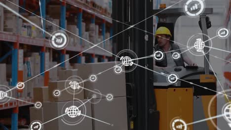 animation of network of connections with icons over man working in warehouse