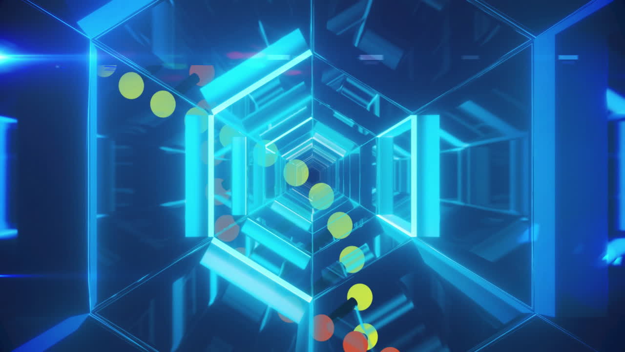 Animation of glowing blue lines and colorful circles floating in geometric tunnel