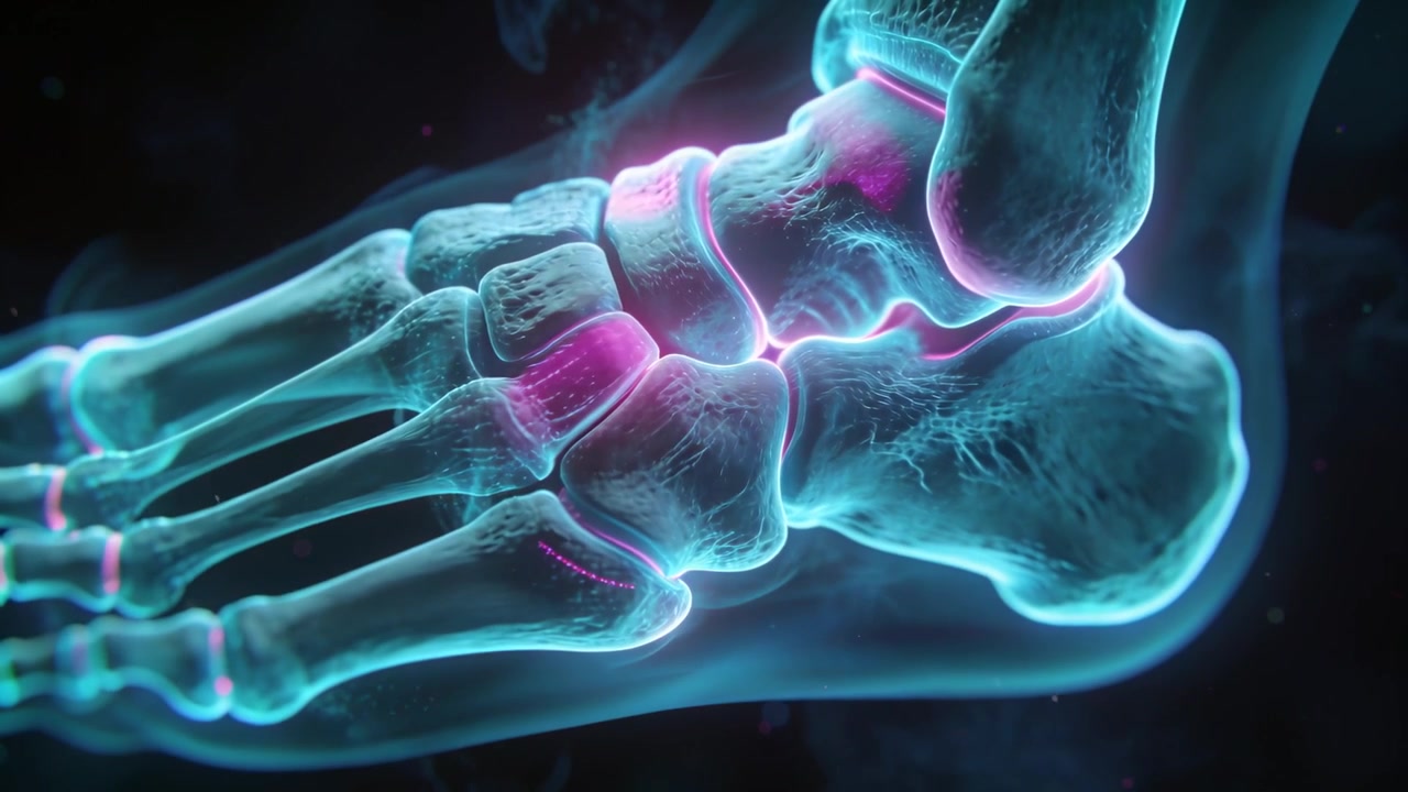 Animerende 3D-fodknogler med pulserende magenta glød ved anklen ved start i studie, der viser ledaktivitet.