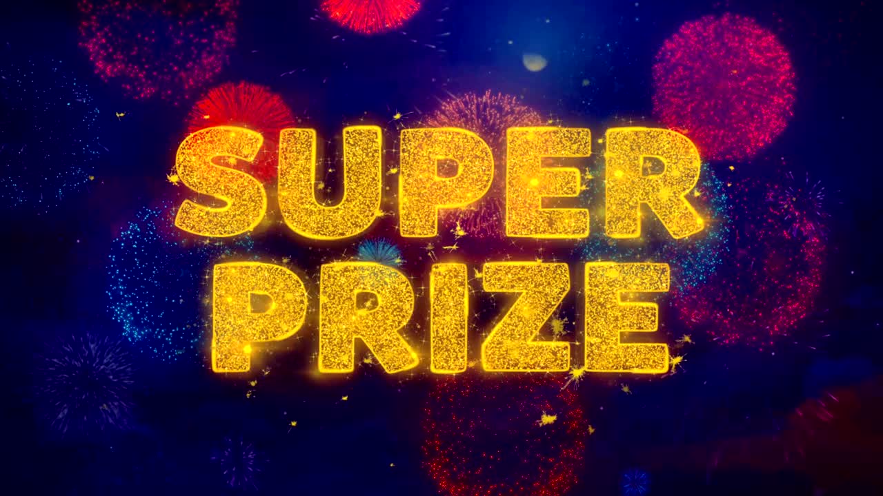 super premio texto en coloridas partículas de explosión de fuegos artificiales.