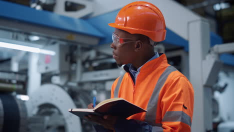 Uniformed-engineer-writing-notes-at-machinery-plant.-Closeup-analyst-concept