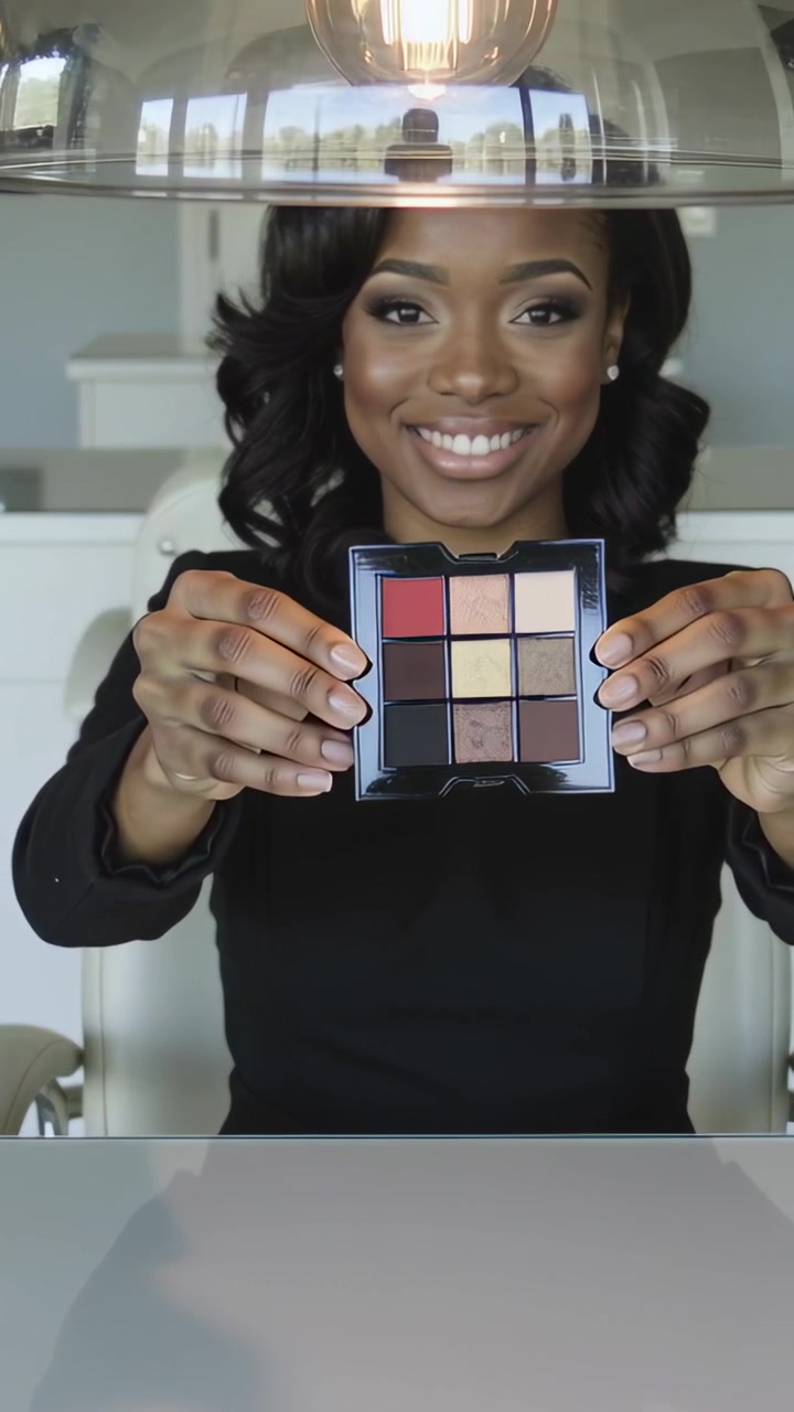 Vertical video: Placing palette on desk, woman in black top lifting and rotating palette for viewer