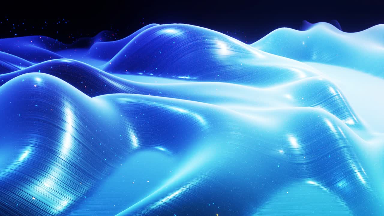 fantastical festive blue bg. Stylish abstract looped background, waves move on glossy surface like landscape made of liquid blue wax with sparkles. Beautiful soft background with smooth animation 4k