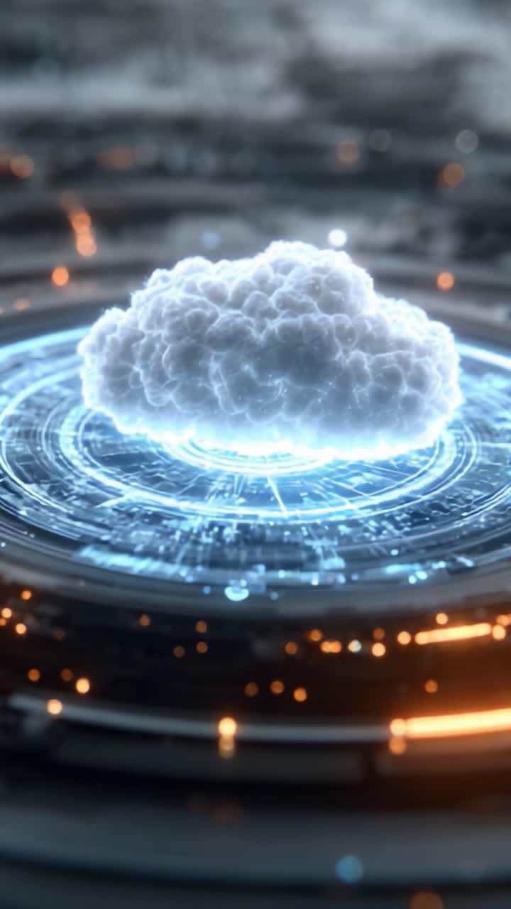 A High-Tech Cloud Visualization: An Artistic Representation of a Cloud Floating Above a Digital Circuit with Futuristic Lighting Effects and a Sci-Fi Aesthetic