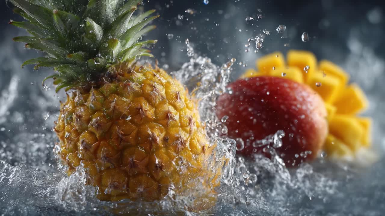 Dynamic Splashes of Fresh Fruits: A Vibrant Pineapple, Glistening Apple, and Juicy Mango Create an Eye-Catching Display in a Refreshing Water Setting