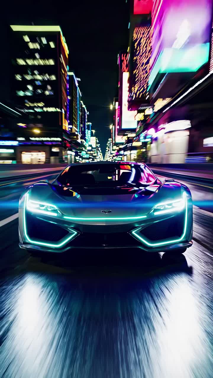 Dynamic low-angle shot of a futuristic car speeding through a neon-lit cityscape