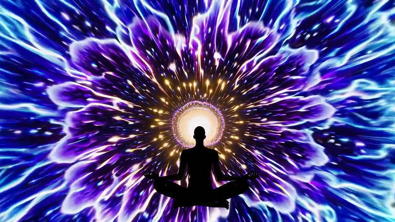 Silhouette in meditazione con vibrante energia cosmica e luce splendente