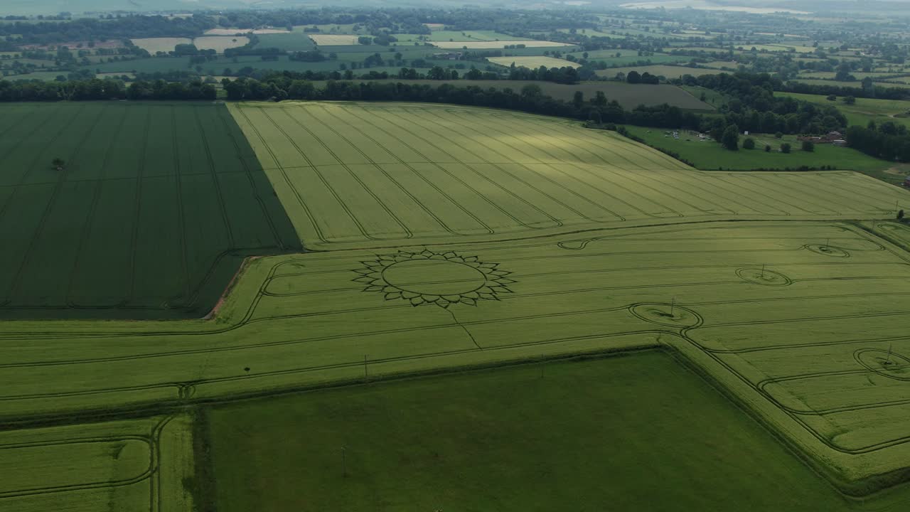 Fresh Verdant Fields With Flower Crop Circles Near Potterne Village In The County Of Wiltshire, England