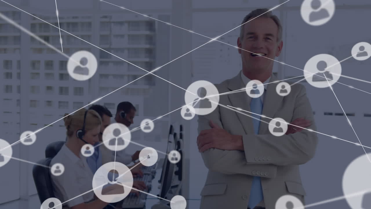 Animation of network of connection with icons over business people wearing phone headsets