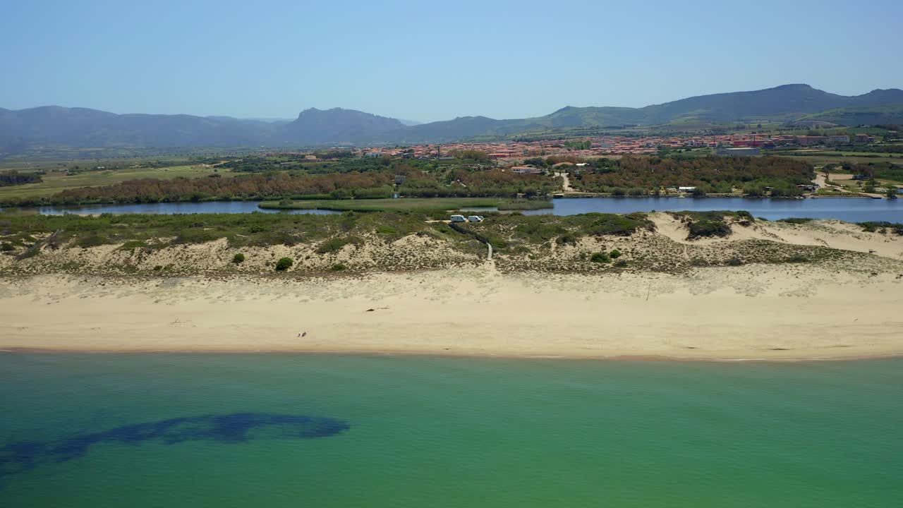 푸른 바다 근처에 푸른 식물이 있는 모래 해변의 놀라운 전망