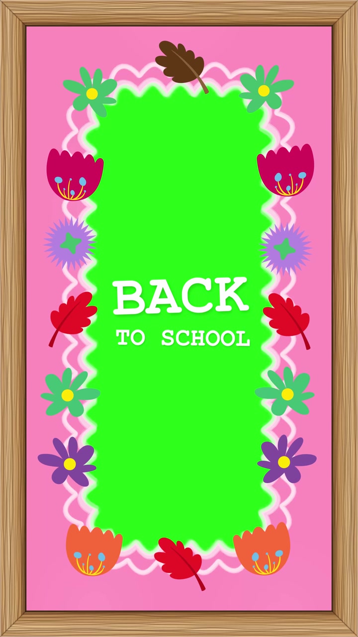Pink scalloped floral border animation surrounds a green screen center with wooden frame.