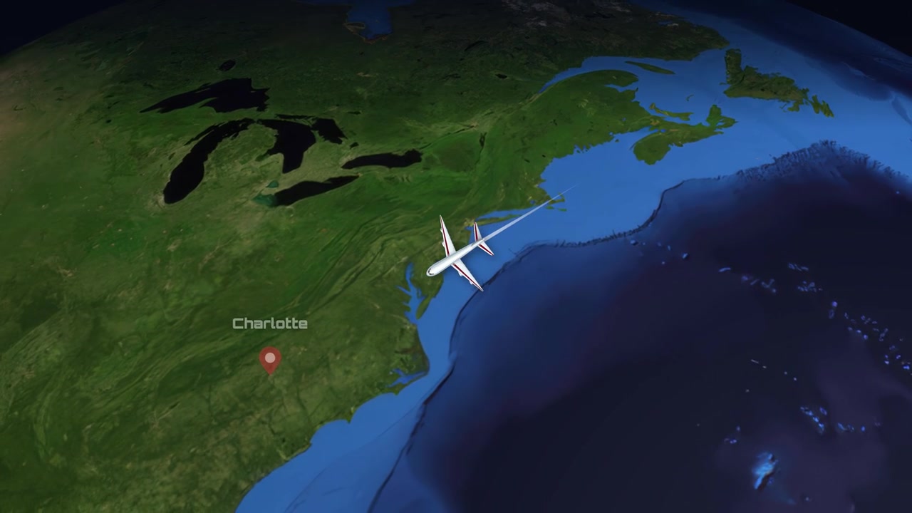 Animated Map Showing Flight Path from Paris to Charlotte