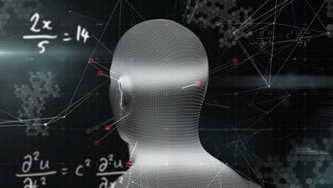 animación de la cabeza digital y las ecuaciones matemáticas sobre fondo negro