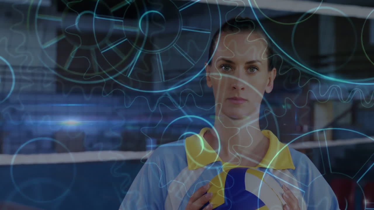 female athlete holding volleyball in gym, displaying technology holographic and circuit overlays