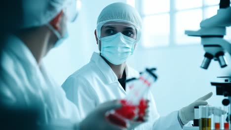 lab scientists with test tubes. two researchers in lab coats and masks analyze test tubes filled with red liquid, focused on their experiment.