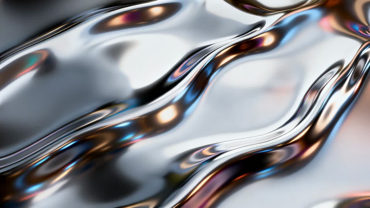 Rippling three chrome ribbons moving and deforming in studio, with blue pink amber lights shifting