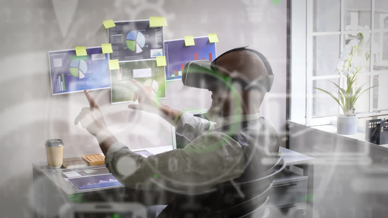 Animation of data processing and social media icons over african american man wearing vr headset