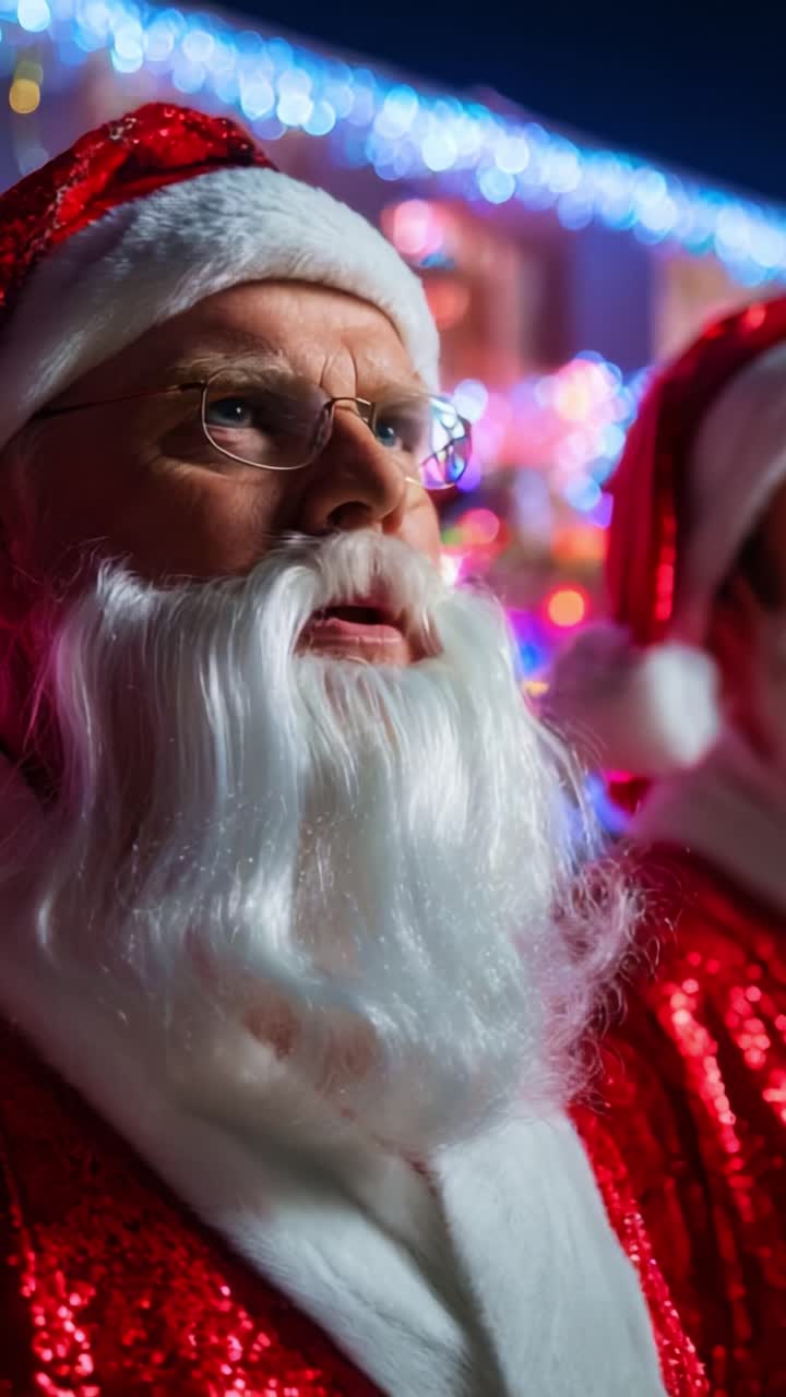 A festive scene featuring two Santa Clauses dressed in vibrant red suits with sparkling sequins, highlighting their joyful expressions amidst colorful holiday lights that enchant the nighttime ambiance