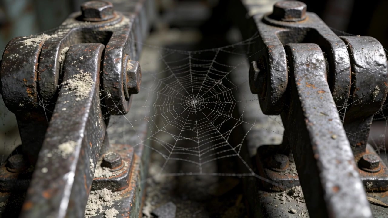 De camera beweegt vooruit, verscherpt de focus op een spinnenweb in een industriële opening, en onthult gecorrodeerde armen.