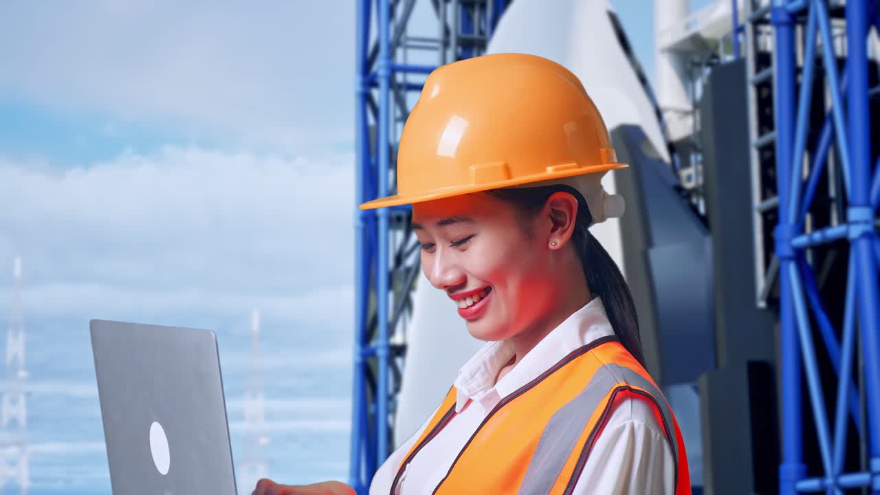 우주왕복선과 함께 서 있는 동안 노트북에서 작업하는 안전 헬을 착용한 아시아 여성 엔지니어의 근접한 측면 시각