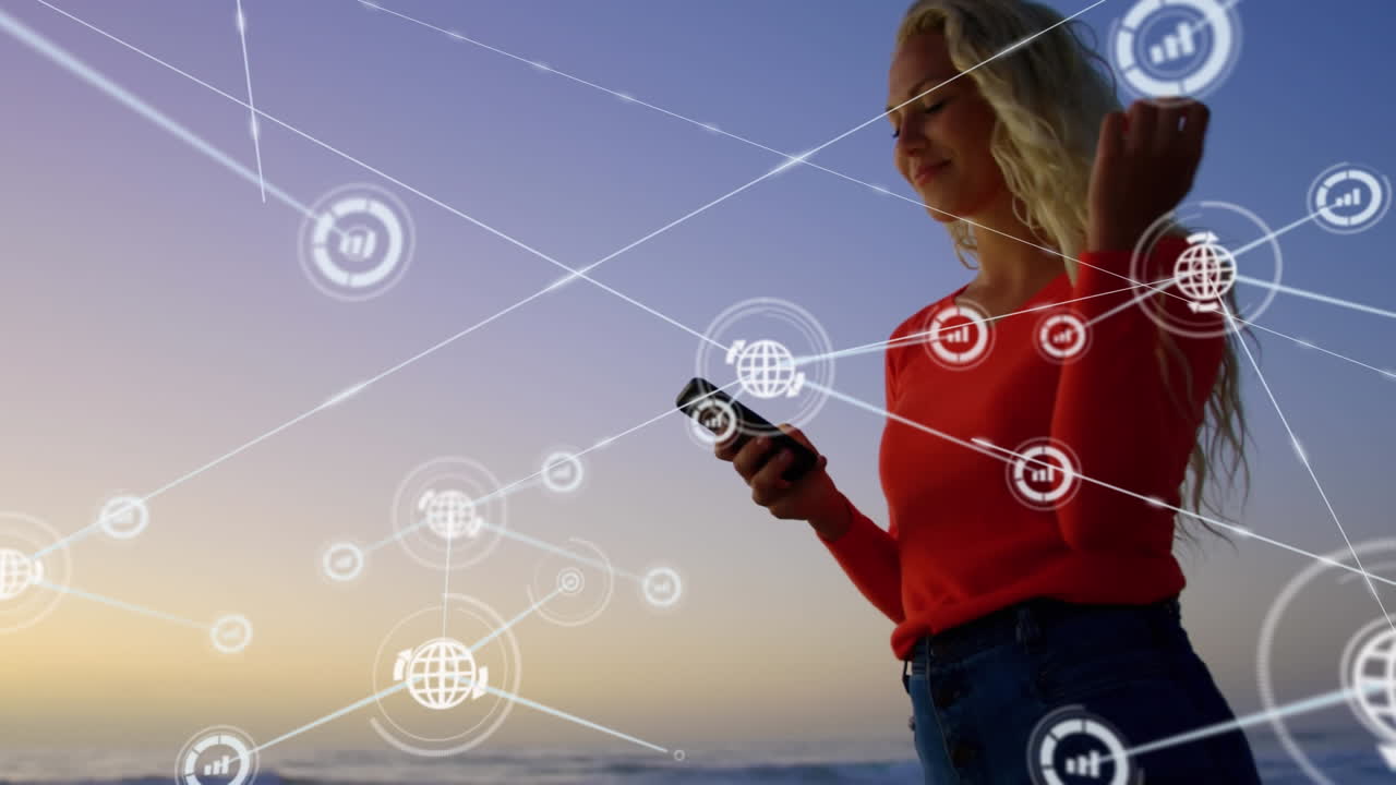 animación de la red de conexiones sobre la mujer usando el teléfono en la playa