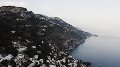 Wide-aerial-view-of-Praiano,-Italy-on-an-overcast-day