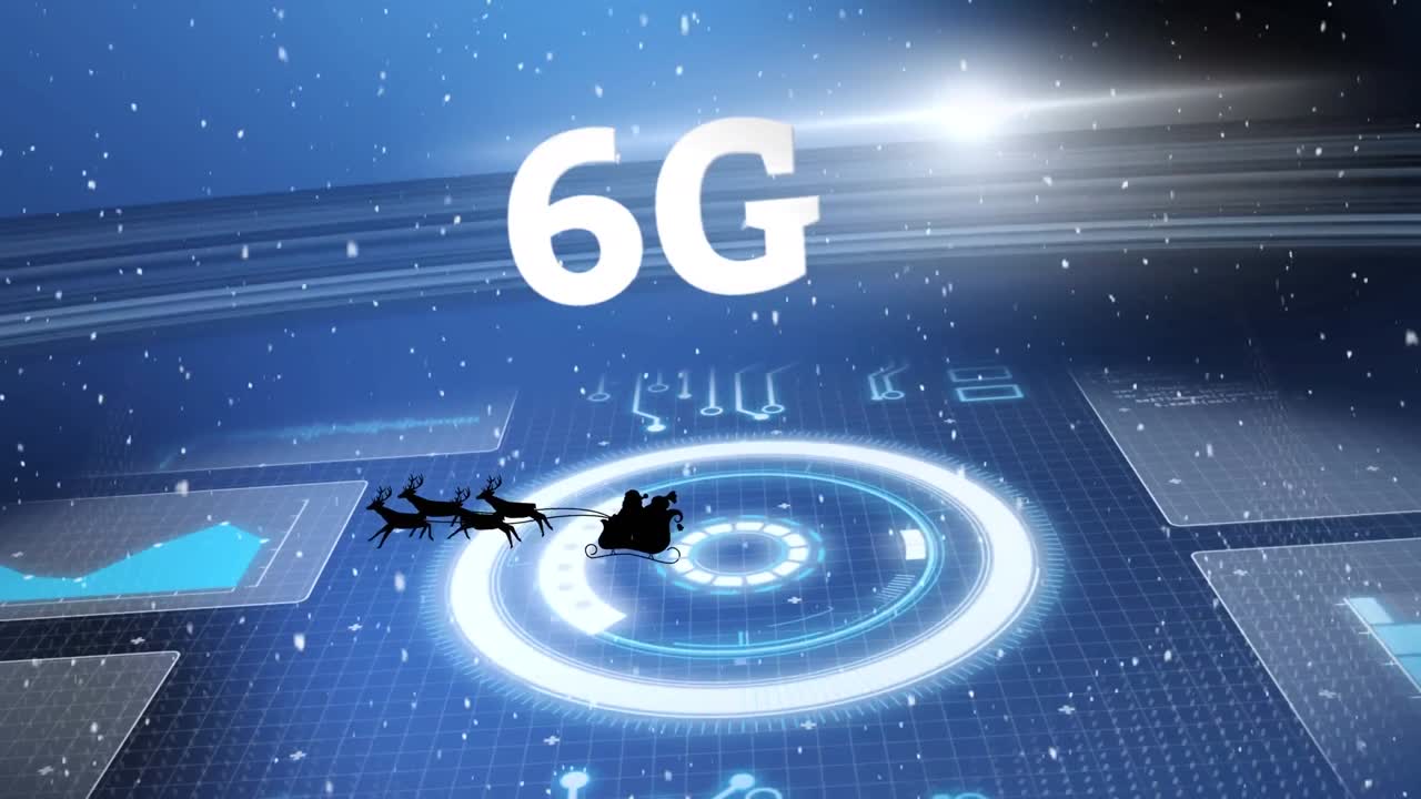 animazione di babbo natale in slitta con renne sulla neve che cade, testo 6g e elaborazione dei dati