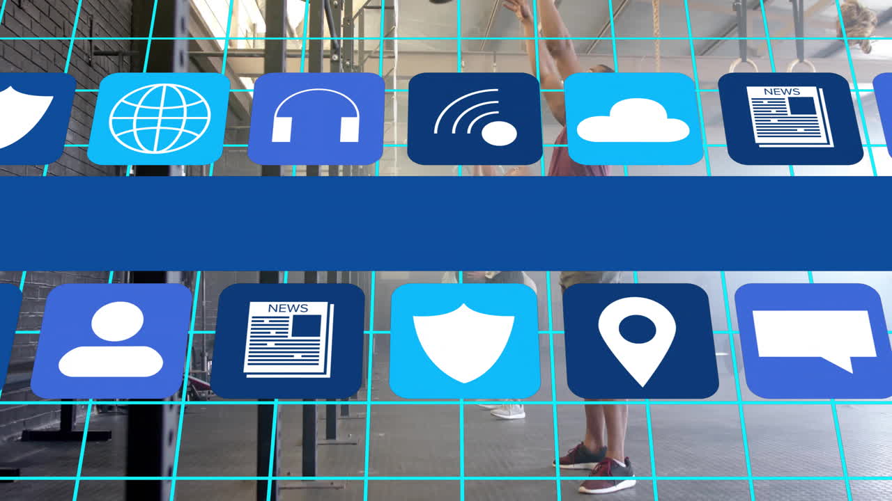 In gym, people exercising with digital icons overlaying, creating animation effect