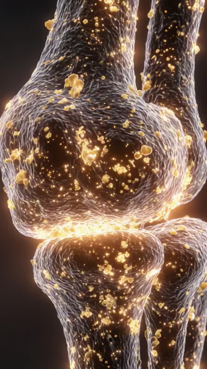 Esame ravvicinato della struttura di un'articolazione umana che evidenzia le interazioni cellulari e l'attività bioenergetica con l'accumulo di particelle radianti