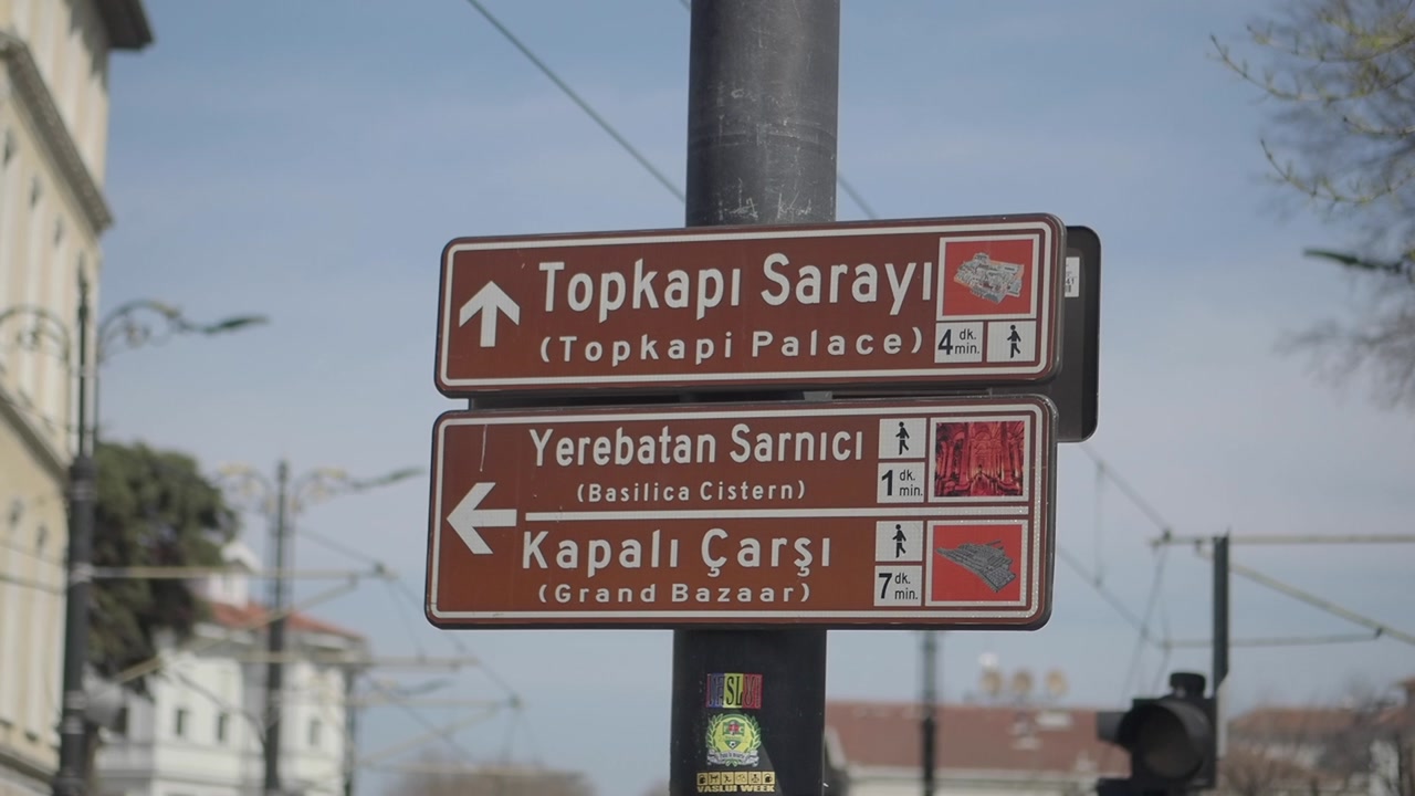 Street Sign Pointing to Topkapi Palace, Basilica Cistern, and Grand Bazaar in Istanbul