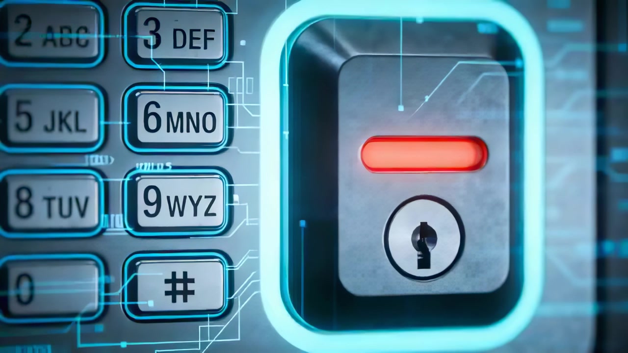 Starting digital scan, square lock showing red indicator signaling locked state, keypad, keyhole