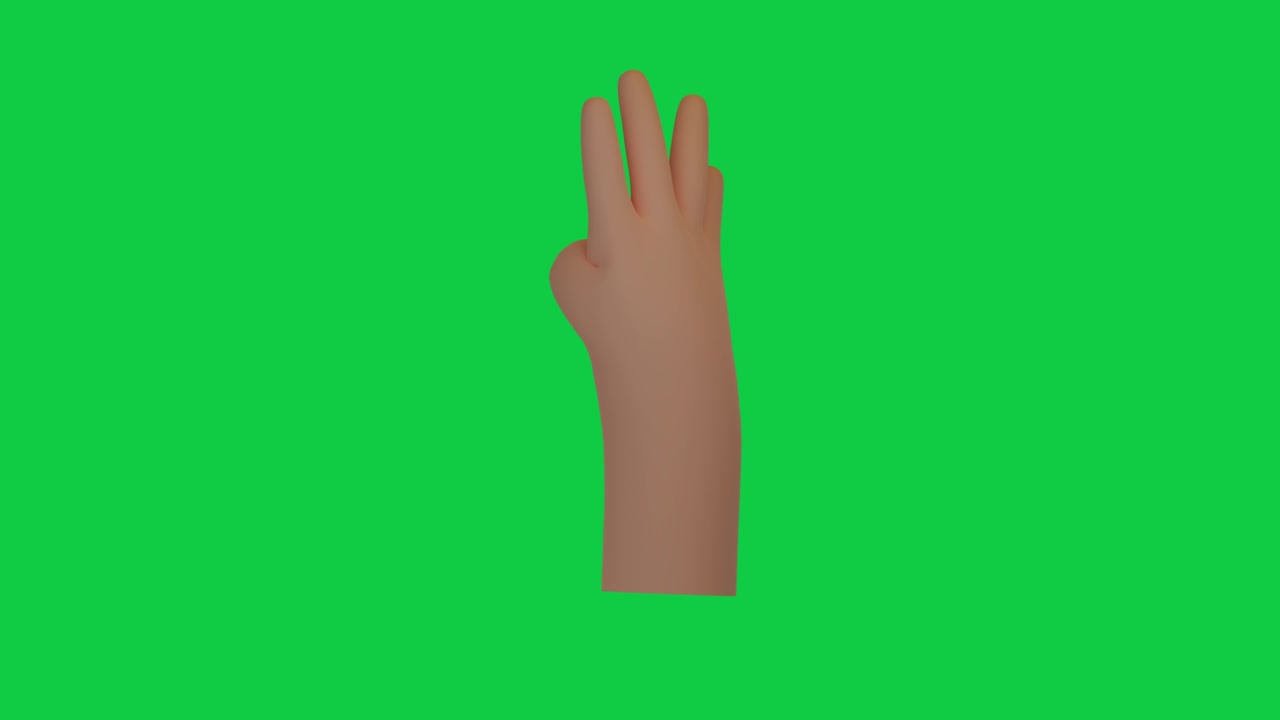 gesto de la mano en 3d en un fondo de pantalla verde croma. canal alfa. emoticon signo animado. mostrando cuatro dedos. concepto de conteo