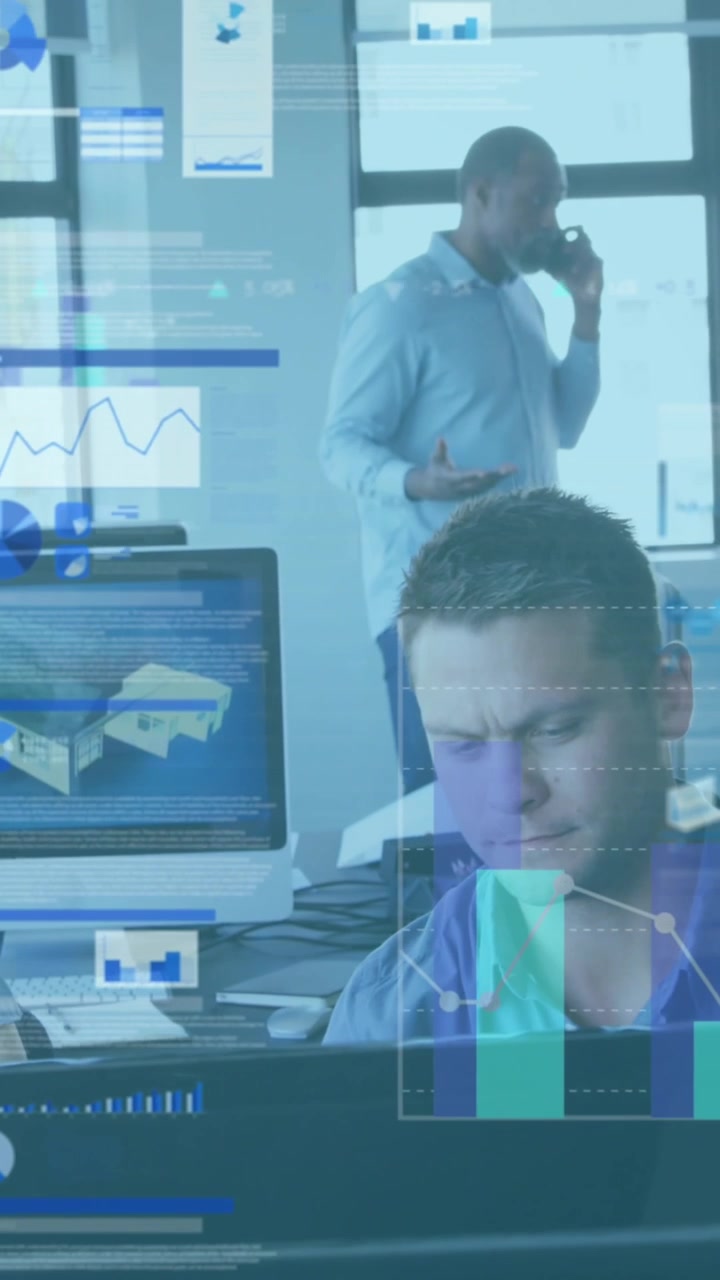 Animazione dell'elaborazione dei dati finanziari su diversi uomini d'affari in ufficio