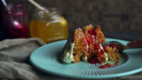 Eating-dessert-plate.-Eating-sweet-dish.-Tasty-cake-eat.-Carrot-pie-slice-eating