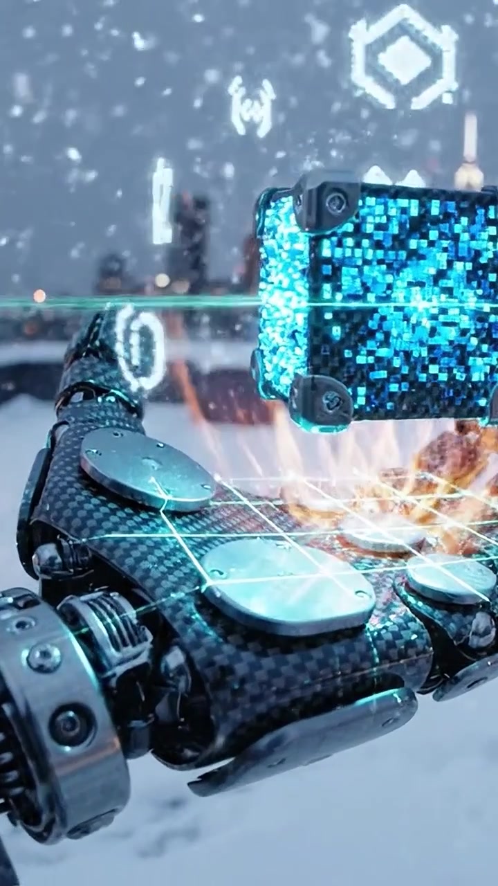 Futuristic Robotic Hand Holding a Glowing Cube in a Snowy Urban Landscape, Showcasing Advanced Technology and the Intersection of Nature and Innovation