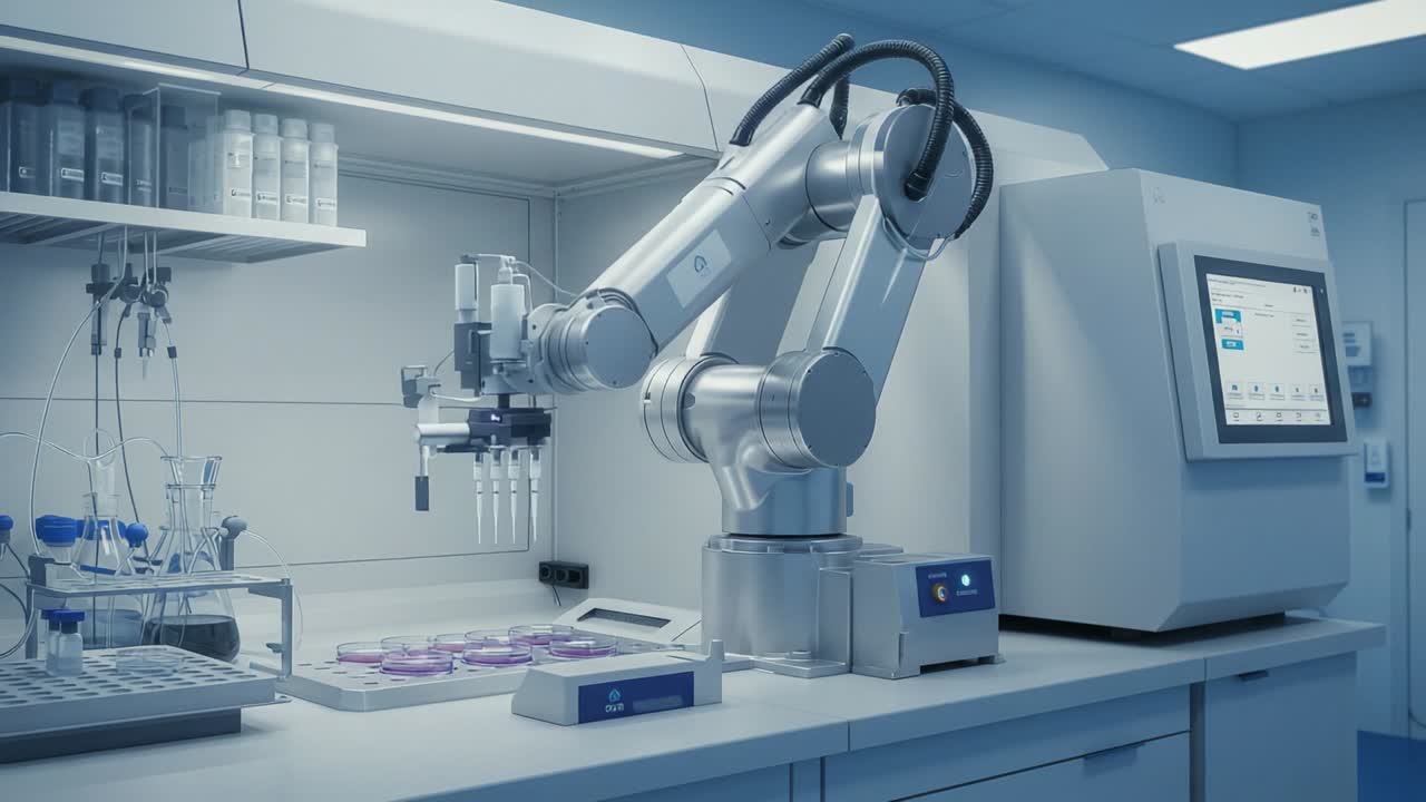 Advanced Robotic Arm Performing Automated Laboratory Tasks in a Modern Scientific Environment with Precision and Efficiency