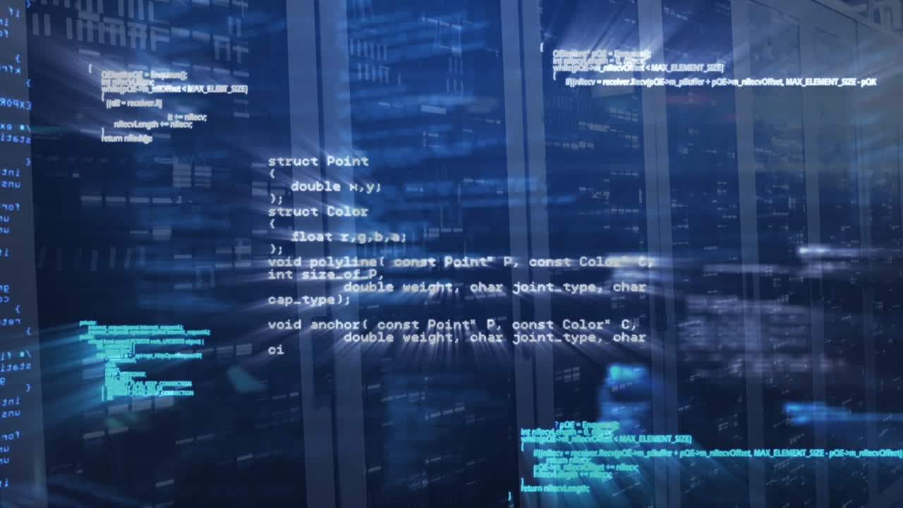Animation of computer language over bars against server room in background