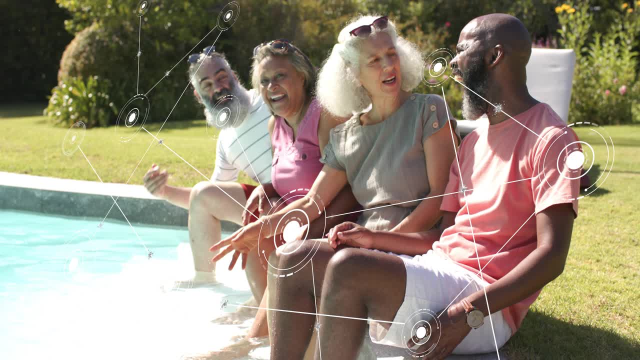 Bearded man splashing pool, sparking friends laughing, senior woman dipping hand, HUD linking, ads