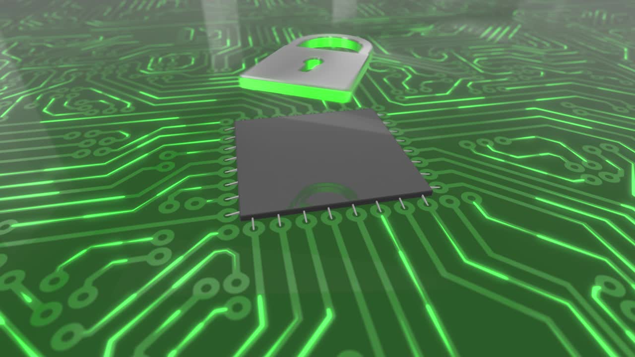 Dark green rotating computer circuit board concept lock loop 4K