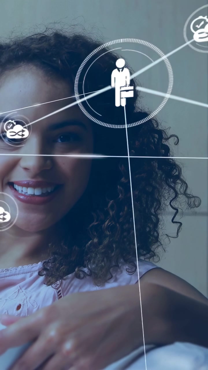 Vertical video: Woman watching diagonal line starting HUD nodes overlaying face, mapping tech links