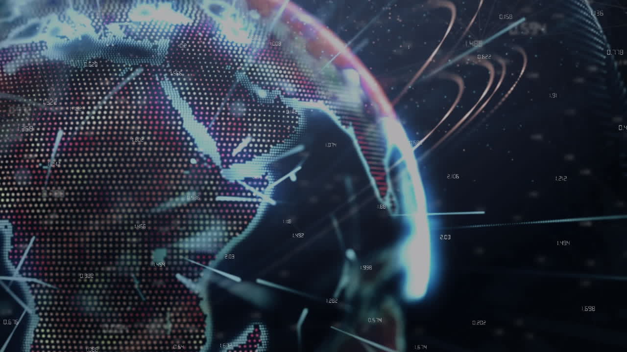 Animation of light trails over spinning globe against blue background