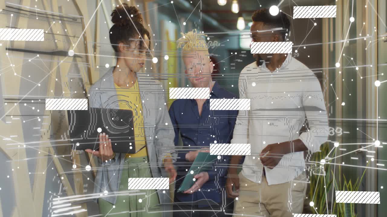 Team entering business hallway tapping tablet showing data scrolling device pointing phone aligning