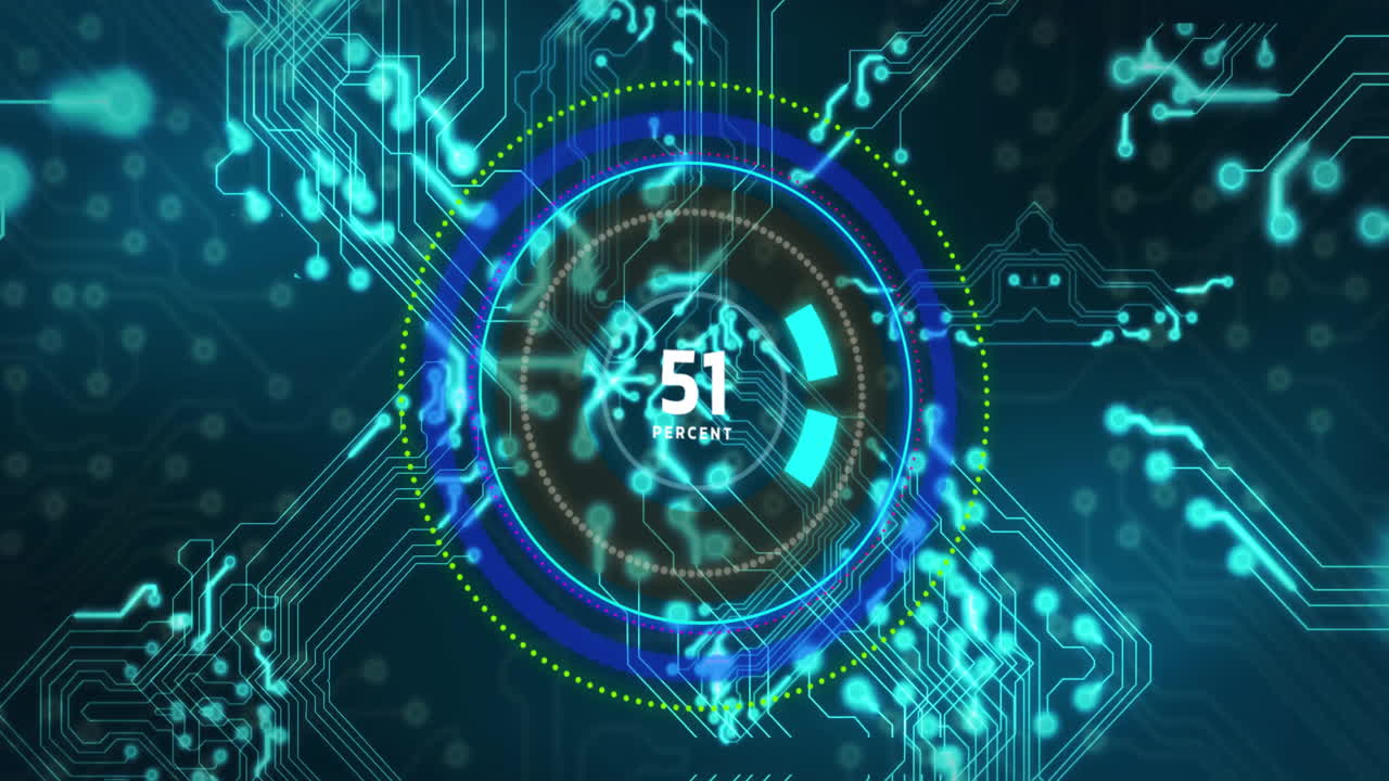 animación de los números del velocímetro y el procesamiento de datos a través de una placa de circuitos sobre un fondo negro