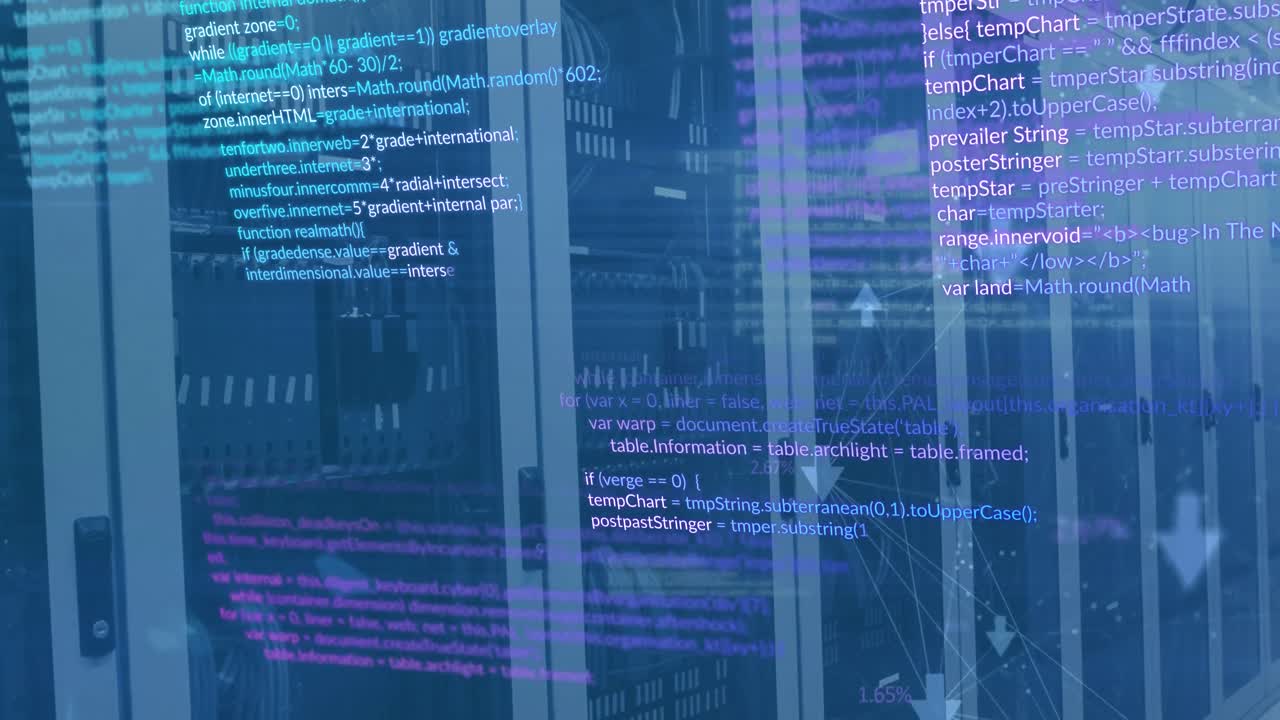 Animation of computer language and connected icons over data server racks in server room