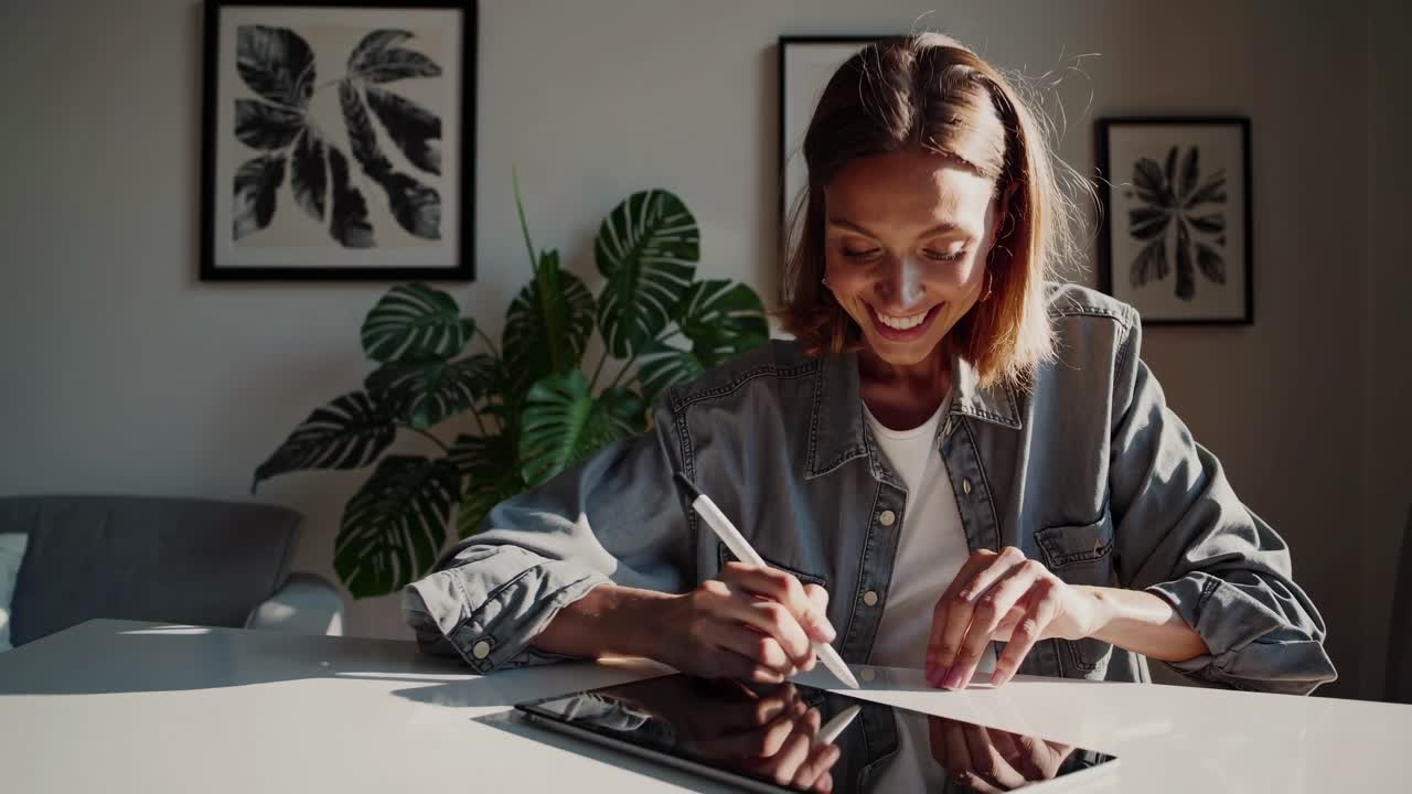 A woman smiling while writing at a desk, captured in a warm, inviting video with a low-angle shot