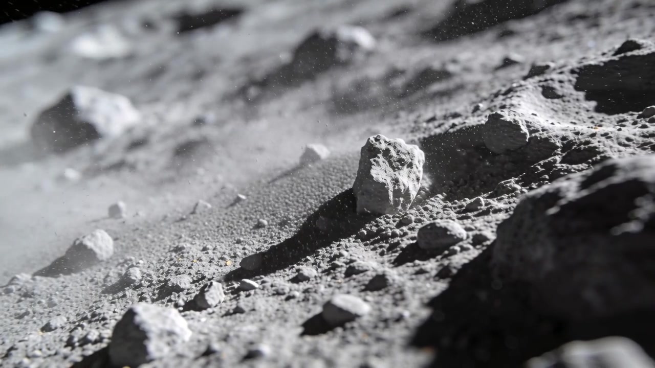 Ejecting dust plume after impact, grains moving across crater floor past center right rock settling
