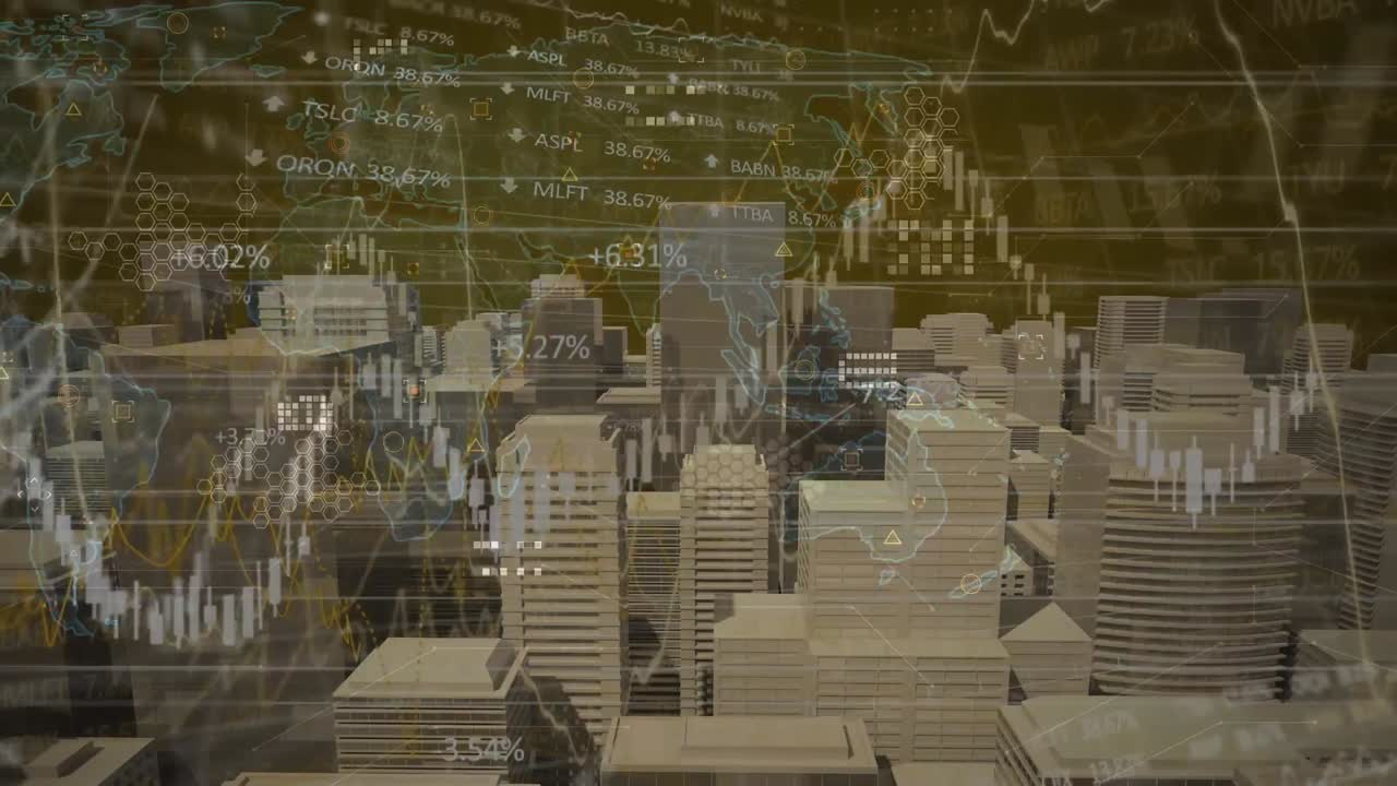 디지털 도시 위의 데이터 처리와 함께 세계 지도의 애니메이션